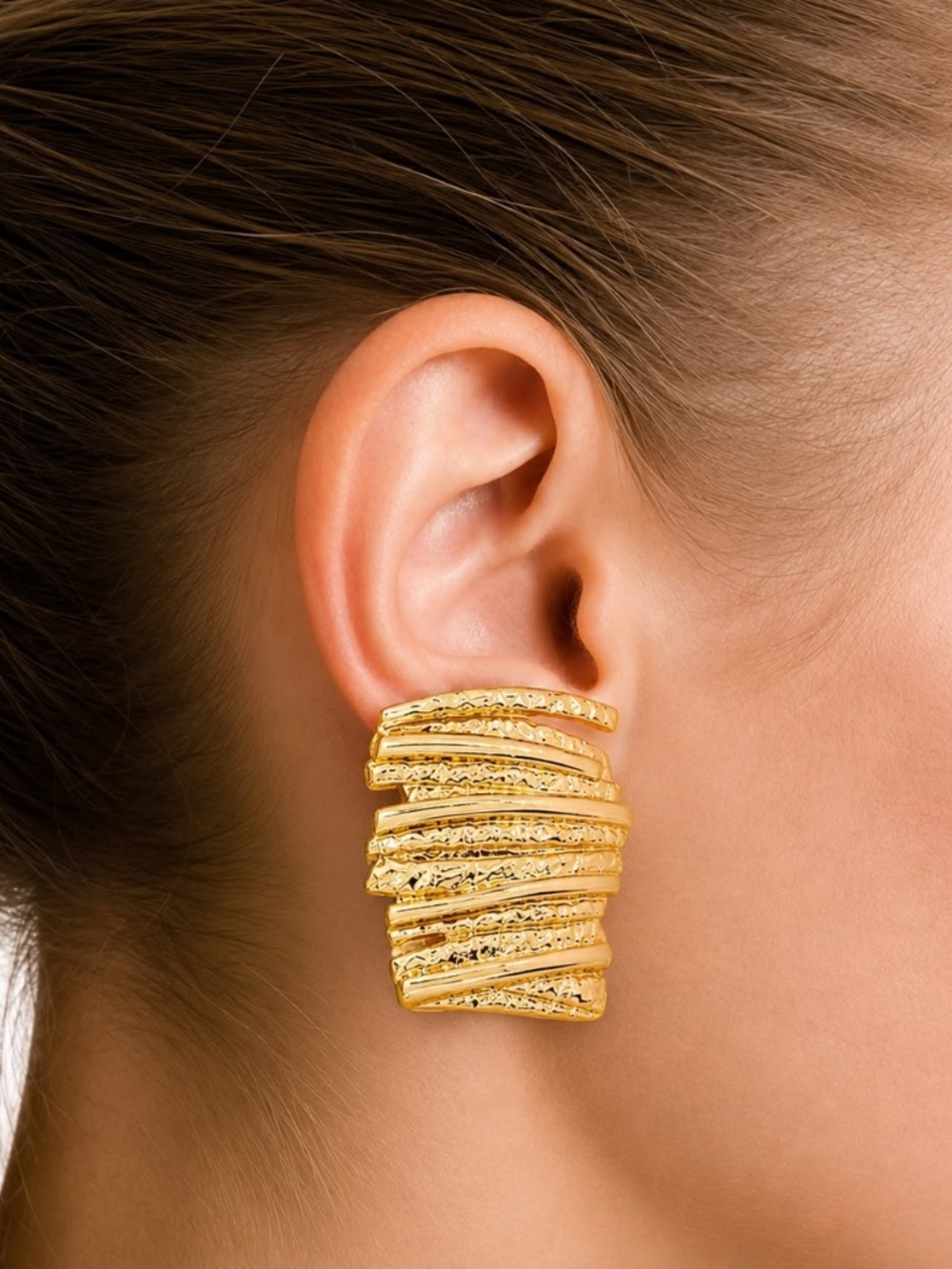 Gold Tone Layered Statement Stud Earrings Chunky Wide Bold Sculptural Modern